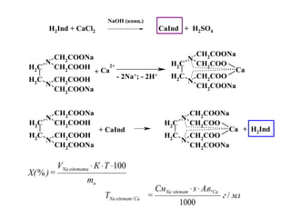CH2
CH2
N
CH2
COOH
CH2COOH
N
CH2
COONa
CH2COONa
CH2
CH2 N
CH2
COO
CH2
COO
N
CH2
COONa
CH2
COONa
CaCa
2+
CH2
CH2
N
CH2COOH
CH2COOH
N
CH2
COONa
CH2COONa
CH2
CH2
N
CH2
COO
CH2COO
N
CH2
COONa
CH2COONa
Ca
NaOH (конц.)
H2Ind + CaCl2 CaInd + H2SO4
+
- 2Na+; - 2H+
+ H2Ind+ CaInd
н
едетатаNa
m
ТКV
=)X(
100
%
⋅⋅⋅
млг
вАsСм
=T
CaэдетатNa
CaедетатNa /
1000
..
/
⋅⋅
 