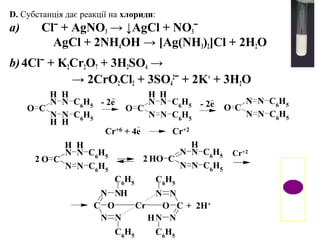 D. Субстанція дає реакції на хлориди:
a) Clˉ + AgNO3 → ↓AgCl + NO3ˉ
AgCl + 2NH4OH → [Ag(NH3)2]Cl + 2H2O
b)4Clˉ + K2Cr2O7 + 3H2SO4 → 
 → 2CrO2Cl2 + 3SO4
2
ˉ + 2K+
 + 3H2O
N
H
C
N
O
N
H
N
C6
H5
C6
H5
N
C
N
OH
N
H
N
C6
H5
C6
H5
NN
N N
C
C6
H5
C6H5
OC
N N
NN
O
C6
H5
C6H5
Cr
H
H
N
H
C
N
H
O
N
H
N
H
C6
H5
C6
H5
N
H
C
N
O
N
N
C6
H5
C6
H5
N
C
N
O
N
N
C6
H5
C6
H5
Cr+2
2 2
+  2H+
- 2e
_ H
- 2e
_
Cr+6 + 4e              Cr+2
_
 