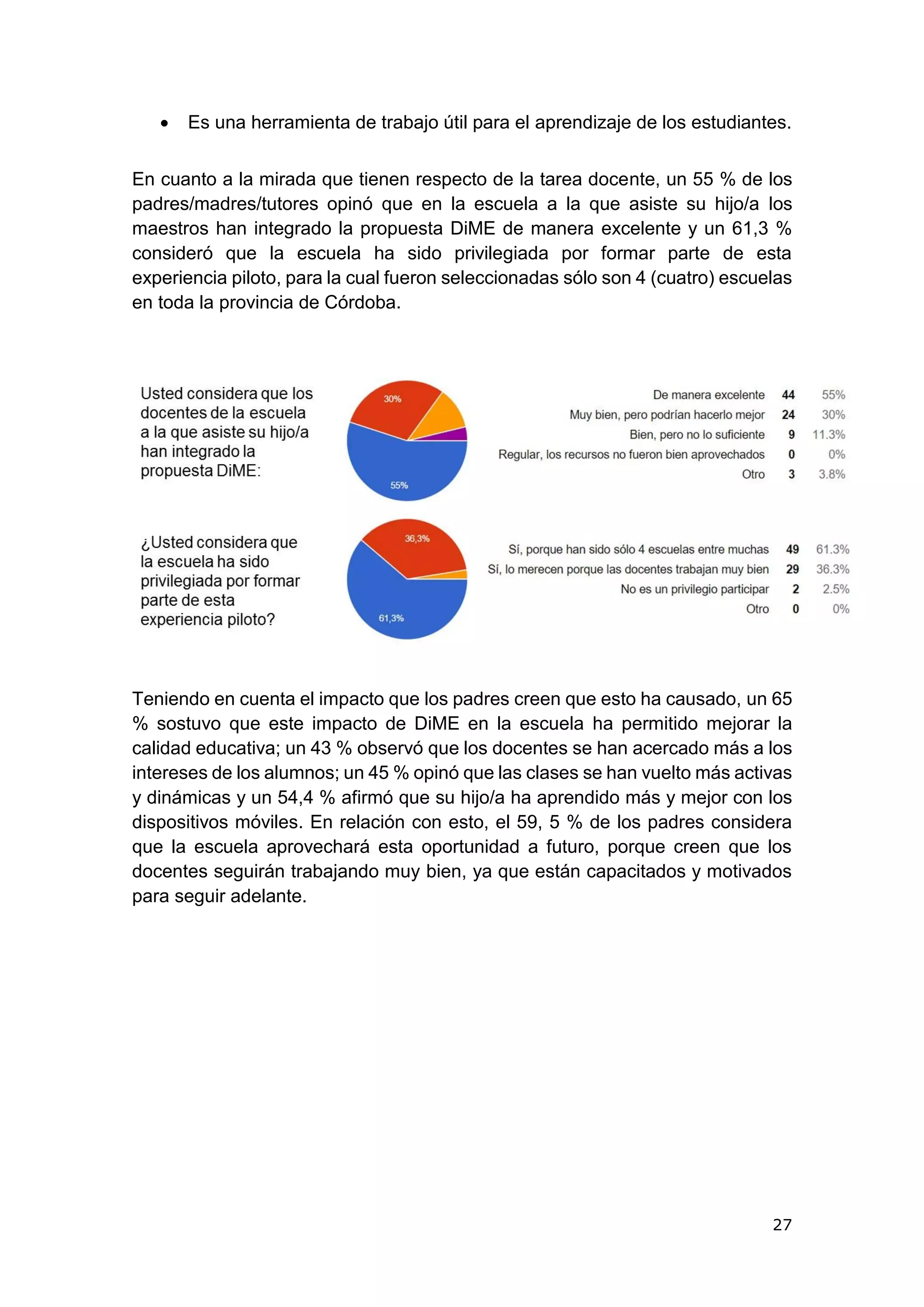 27
 Es una herramienta de trabajo útil para el aprendizaje de los estudiantes.
En cuanto a la mirada que tienen respecto de la tarea docente, un 55 % de los
padres/madres/tutores opinó que en la escuela a la que asiste su hijo/a los
maestros han integrado la propuesta DiME de manera excelente y un 61,3 %
consideró que la escuela ha sido privilegiada por formar parte de esta
experiencia piloto, para la cual fueron seleccionadas sólo son 4 (cuatro) escuelas
en toda la provincia de Córdoba.
Teniendo en cuenta el impacto que los padres creen que esto ha causado, un 65
% sostuvo que este impacto de DiME en la escuela ha permitido mejorar la
calidad educativa; un 43 % observó que los docentes se han acercado más a los
intereses de los alumnos; un 45 % opinó que las clases se han vuelto más activas
y dinámicas y un 54,4 % afirmó que su hijo/a ha aprendido más y mejor con los
dispositivos móviles. En relación con esto, el 59, 5 % de los padres considera
que la escuela aprovechará esta oportunidad a futuro, porque creen que los
docentes seguirán trabajando muy bien, ya que están capacitados y motivados
para seguir adelante.
 