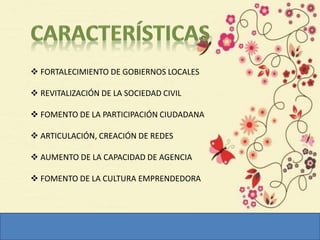  FORTALECIMIENTO DE GOBIERNOS LOCALES
 REVITALIZACIÓN DE LA SOCIEDAD CIVIL
 FOMENTO DE LA PARTICIPACIÓN CIUDADANA
 ARTICULACIÓN, CREACIÓN DE REDES
 AUMENTO DE LA CAPACIDAD DE AGENCIA
 FOMENTO DE LA CULTURA EMPRENDEDORA
 