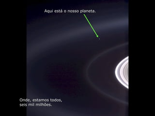 Onde, estamos todos,Onde, estamos todos,
seis mil milhões.seis mil milhões.
Aqui está o nosso planeta.Aqui está o nosso planeta.