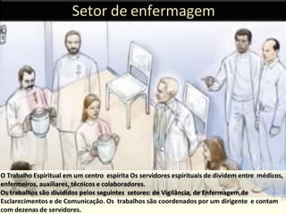 Setor de enfermagem
O Trabalho Espiritual em um centro espírita Os servidores espirituais de dividem entre médicos,
enfermeiros, auxiliares, técnicos e colaboradores.
Os trabalhos são divididos pelos seguintes setores: de Vigilância, de Enfermagem,de
Esclarecimentos e de Comunicação. Os trabalhos são coordenados por um dirigente e contam
com dezenas de servidores.
37
 