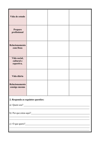 Vida de estudo
Preparo
profissional
Relacionamento
com Deus
Vida social,
cultural e
esportiva.
Vida diária
Relacionamento
consigo mesmo
2. Responda as seguintes questões:
a) Quem sou? ________________________________________________________
____________________________________________________________________
b) Por que estou aqui?__________________________________________________
____________________________________________________________________
____________________________________________________________________
c) O que quero?_______________________________________________________
____________________________________________________________________
____________________________________________________________________
 