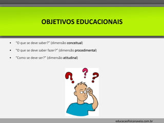 educacaofisicanaveia.com.br
OBJETIVOS EDUCACIONAIS
• “O que se deve saber?” (dimensão conceitual)
• “O que se deve saber fazer?” (dimensão procedimental)
• “Como se deve ser?” (dimensão atitudinal)
 