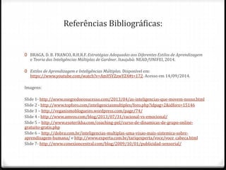Referências Bibliográficas:
0 BRAGA, D. B. FRANCO, R.H.R.F. Estratégias Adequadas aos Diferentes Estilos de Aprendizagem
e Teoria das Inteligências Múltiplas de Gardner. Itaujubá: NEAD/UNIFEI, 2014.
0 Estilos de Aprendizagem e Inteligências Múltiplas. Disponível em:
https://www.youtube.com/watch?v=AmYSYZzwYZ4#t=172. Acesso em 14/09/2014.
Imagens:
Slide 1- http://www.osegredoeosucesso.com/2013/04/as-inteligencias-que-movem-nosso.html
Slide 2 - http://www.topforo.com/inteligenciasmultiples/foro.php?idpag=2&idforo=15146
Slide 3 – http://veganismoblogueiro.wordpress.com/page/74/
Slide 4 - http://www.amvos.com/blog/2013/07/31/racional-vs-emocional/
Slide 5 – http://www.esoterikha.com/coaching-pnl/curso-de-dinamicas-de-grupo-online-
gratuito-gratis.php
Slide 6 – http://dobra.com.br/inteligencias-multiplas-uma-visao-mais-sistemica-sobre-
aprendizagem-humana/ e http://www.experta.com.br/tariqexperta/voce/voce_cabeca.html
Slide 7- http://www.conexioncentral.com/blog/2009/10/01/publicidad-sensorial/
 