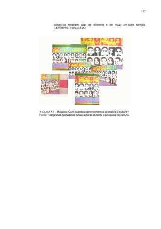 127 
categorias recebem algo de diferente e de novo; um outro sentido. 
(LEFÈBVRE, 1969, p.125) 
FIGURA 14 – Mosaico: Com quantos pertencimentos se realiza a cultura? 
Fonte: Fotografias produzidas pelas autoras durante a pesquisa de campo. 
 