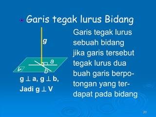 20
Garis tegak lurus Bidang
Garis tegak lurus
sebuah bidang
jika garis tersebut
tegak lurus dua
buah garis berpo-
tongan yang ter-
dapat pada bidang

g
a
b
g  a, g  b,
Jadi g  V
 