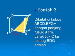 27
Contoh 3
Diketahui kubus
ABCD.EFGH
dengan panjang
rusuk 9 cm.
Jarak titik C ke
bidang BDG
adalah….
A B
C
D
H
E F
G
9 cm
 