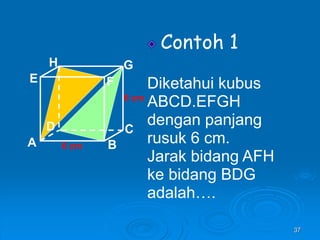 37
Contoh 1
Diketahui kubus
ABCD.EFGH
dengan panjang
rusuk 6 cm.
Jarak bidang AFH
ke bidang BDG
adalah….
A B
C
D
H
E F
G
6 cm
6 cm
 