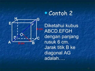 Contoh 2 Diketahui kubus ABCD.EFGH dengan panjang rusuk 6 cm. Jarak titik B ke diagonal AG adalah…. 6 cm 6 cm A B C D H E F G 