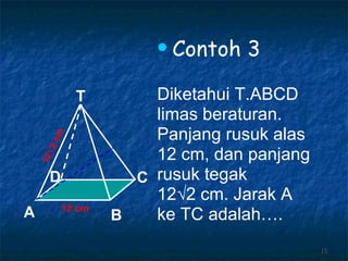 Contoh 3 Diketahui T.ABCD limas beraturan. Panjang rusuk alas 12 cm, dan panjang rusuk tegak  12 √2 cm. Jarak A  ke TC adalah …. 12 cm 12 √2  cm T C A B D 