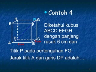 Contoh 4 Diketahui kubus ABCD.EFGH dengan panjang rusuk 6 cm dan 6 cm 6 cm Titik P pada pertengahan FG.  Jarak titik A dan garis DP adalah…. P A B C D H E F G 