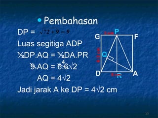 Pembahasan  DP = Luas segitiga ADP ½DP.AQ = ½DA.PR 9.AQ = 6.6√2 AQ = 4√2 Jadi jarak A ke DP = 4√2 cm  4 Q 6 √2  cm R P A D G F 6 cm 3 cm 