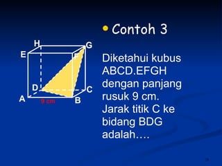 Contoh 3 Diketahui kubus ABCD.EFGH dengan panjang rusuk 9 cm. Jarak titik C ke bidang BDG adalah…. 9 cm A B C D H E F G 