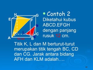 Contoh 2 Diketahui kubus ABCD.EFGH dengan panjang rusuk  12  cm. 12 cm Titik K, L dan M berturut-turut merupakan titik tengah BC, CD dan CG. Jarak antara bidang AFH dan KLM adalah…. K L M A B C D H E F G 