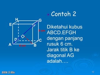 12
Contoh 2
Diketahui kubus
ABCD.EFGH
dengan panjang
rusuk 6 cm.
Jarak titik B ke
diagonal AG
adalah….
A B
C
D
H
E F
G
6 cm
6 cm
 