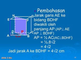 35
Pembahasan
Jarak garis AE ke
bidang BDHF
diwakili oleh
panjang AP.(AP AE
AP  BDHF)
AP = ½ AC(ACBDHF)
= ½.8√2
= 4√2
A B
C
D
H
E F
G
8 cm
P
Jadi jarak A ke BDHF = 4√2 cm
 