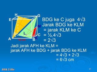 41
A B
C
D
H
E F
G
12 cm
BDG ke C juga 4√3
Jarak BDG ke KLM
= jarak KLM ke C
= ½.4√3
= 2√3
K
L
M
Jadi jarak AFH ke KLM =
jarak AFH ke BDG + jarak BDG ke KLM
= 4√3 + 2√3
= 6√3 cm
 