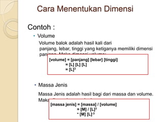 Cara Menentukan Dimensi
Contoh :
• Volume
Volume balok adalah hasil kali dari
panjang, lebar, tinggi yang ketiganya memiliki dimensi
panjang. Maka dimensi volume:
[volume] = [panjang] [lebar] [tinggi]
= [L] [L] [L]
= [L]3

• Massa Jenis
Massa Jenis adalah hasil bagi dari massa dan volume.
Maka dimensi massa jenis:
[massa jenis] = [massa] / [volume]
= [M] / [L]3
= [M] [L]-3

 