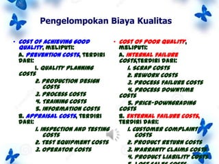 Pengelompokan Biaya Kualitas
• Cost of achieving good
quality, meliputi:
A. Prevention costs, terdiri
dari:
1. Quality planning

costs
2. Production design
costs
3. Process costs
4. Training costs
5. Information costs
B. Appraisal costs, terdiri
dari:

1. Inspection and testing
costs
2. Test equipment costs
3. Operator costs

• Cost of poor quality,
meliputi:
A. Internal failure
costs,terdiri dari:

1. Scrap costs
2. Rework costs
3. Process failure costs
4. Process downtime
costs
5. Price-downgrading
costs
B. External failure costs,
terdiri dari:

1. Customer complaint
costs
2. Product return costs
3. Warranty claims costs
4. Product liability costs

 