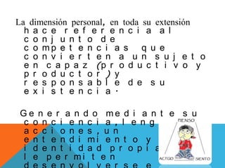 La dimensión personal, en toda su extensión
h a c e r e f e r e n c i a a l
c o n j u n t o d e
c o m p e t e n c i a s q u e
c o n v i e r t e n a u n s u j e t o
e n c a p a z (p r o d u c t i v o y
p r o d u c t o r ) y
r e s p o n s a b l e d e s u
e x i s t e n c i a .
G e n e r a n d o m e d i a n t e s u
c o n c i e n c i a , l e n g u a j e y
a c c i o n e s , u n
e n t e n d i m i e n t o y u n a
i d e n t i d a d p r o p i a , q u e
l e p e r m i t e n
 