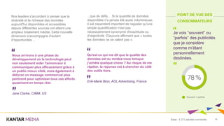 19
Nos leaders s'accordent à penser que la
diversité et la richesse des données
aujourd'hui disponibles et accessibles
depuis différentes sources ont atteint une
ampleur totalement inédite. Cette nouvelle
dimension s'accompagne d'autant
d'opportunités…
Nous arrivons à une phase du
développement où la technologie peut
non seulement aider l'annonceur à
communiquer plus efficacement grâce à
un public mieux ciblé, mais également à
délivrer un message commercial plus
pertinent pour optimiser tous ces efforts
quasiment en temps réel.
Jane Clarke, CIMM, US
Qu'est-ce qui me dit que la qualité des
données est au rendez-vous lorsque
j'achète quelque chose ? Au risque de me
répéter, la réponse est à chercher du côté
des outils tiers.
Erik-Marie Bion, AOL Advertising, France
...que de défis… Si la quantité de données
disponibles n'a jamais été aussi volumineuse,
il est cependant important de rappeler qu'une
simple quantification n'est pas
nécessairement synonyme d'exactitude ou
d'objectivité. D'aucuns affirment que « toutes
les données ne se valent pas ».
POINT DE VUE DES
CONSOMMATEURS
Je vois “souvent” ou
“parfois” des publicités
que je considère
comme m’étant
personnellement
destinées.
Souvent + parfois
Base : 5 213 adultes connectés
 