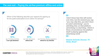 The next exit – Paying the ad-free premium offline and online
Base: 2,863 connected consumers who signing up for the service . Kantar Media, DIMENSION study, November - December 2017.
Question: Which of the following describe your reasons for signing up for the (paid subscription to an online TV) service?
See DIMENSION 2018 Table 4.7 for full analysis.
a
Which of the following describe your reasons for signing up
for the (paid subscription to an online TV) service?
51%
say ‘TV shows and films
I can’t get elsewhere’
37%
say ‘Can view shows
without ads’
12%
say ‘Provides viewing suggestions
tailored to my interests’
I don’t know how this will evolve
over time, but the moment you say
“you may skip this, you don’t have
to watch advertising”, you’re
admitting that, on that platform,
advertising is a bad thing. I think in
those circumstances the platform
itself is playing against the
advertising world.
Roberto Schmidt, Director, TV
Globo, Brazil
”
“
25
 