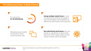 The Influencing Power of Multi-Channel
To consumers –
it’s all advertising
a
Base: 5,000 connected consumers. Source: Kantar Media, DIMENSION study, November - December 2017.
Question: Which of the following do you consider to be ‘advertising’? See DIMENSION 2018 Table 3.1 for full
analysis.
Using multiple media forms to carry
conventional advertising messages is
now commonplace and recognised as
effective by both brands and consumers
Managing output outside
of the brand’s direct
control becomes vital
Non-advertising techniques also give
brands an opportunity to reach those
elements of their target audiences that
choose to block online campaigns
29
64%
 