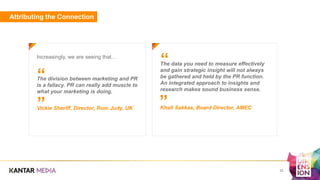 Attributing the Connection
a
The division between marketing and PR
is a fallacy. PR can really add muscle to
what your marketing is doing.
Vickie Sheriff, Director, Rum Judy, UK
Increasingly, we are seeing that…
32
”
“
a
The data you need to measure effectively
and gain strategic insight will not always
be gathered and held by the PR function.
An integrated approach to insights and
research makes sound business sense.
Khali Sakkas, Board Director, AMEC
“
”
 