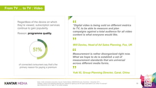 From TV … to TV : Video
Regardless of the device on which
they’re viewed, subscription services
continue to gain popularity.
Reason: programme quality.
a
Base: 5,000 connected consumers. Source: Kantar Media, DIMENSION study, November - December 2017.
Question: Which of the following describe your reasons for signing up for the (paid subscription to an online TV) service?
See DIMENSION 2018 Table 4.7 for further analysis.
of connected consumers say that’s the
primary reason for paying a premium
35
a
“Digital video is being sold on different metrics
to TV; to be able to measure and plan
campaigns against a total audience for all video
content is what everyone would like.
Will Davies, Head of Ad Sales Planning, Fox, UK
”
“
”
Measurement is rather disorganised right now.
What we hope to do is establish a set of
measurement standards that are universal
across different media forms.
Yuki Xi, Group Planning Director, Carat, China
“
 