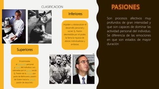 PASIONES
Son procesos afectivos muy
profundos de gran intensidad y
que son capaces de dominar las
actividad personal del individuo.
Se diferencia de las emociones
en que son estados de mayor
duración
Superiores
Encaminadas
al desarrollo personal
y moral del individuo; son
valoradas por el grupo social.
Ej. Pasión de la música por
parte de Bethovenn, pasión
de Eistein hacia la ciencia;
pasión de Jesucristo.
Inferiores
Impiden u obstaculizan el
desarrollo personal y
social. Ej. Pasión
desmedida por el poder,
la fama la riqueza de
afanes individualistas y
arribistas
CLASIFICACION
 