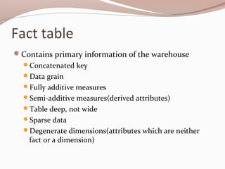 Fact table
Contains primary information of the warehouse
Concatenated key
Data grain
Fully additive measures
Semi-additive measures(derived attributes)
Table deep, not wide
Sparse data
Degenerate dimensions(attributes which are neither
fact or a dimension)
 
