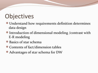 Objectives
Understand how requirements definition determines
data design
Introduction of dimensional modeling /contrast with
E-R modeling
Basics of star schema
Contents of fact/dimension tables
Advantages of star schema for DW
 