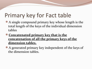 Primary key for Fact table
A single compound primary key whose length is the
total length of the keys of the individual dimension
tables
Concatenated primary key that is the
concatenation of all the primary keys of the
dimension tables.
A generated primary key independent of the keys of
the dimension tables.
 