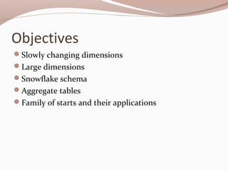 Objectives
Slowly changing dimensions
Large dimensions
Snowflake schema
Aggregate tables
Family of starts and their applications
 