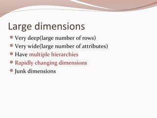 Large dimensions
Very deep(large number of rows)
Very wide(large number of attributes)
Have multiple hierarchies
Rapidly changing dimensions
Junk dimensions
 