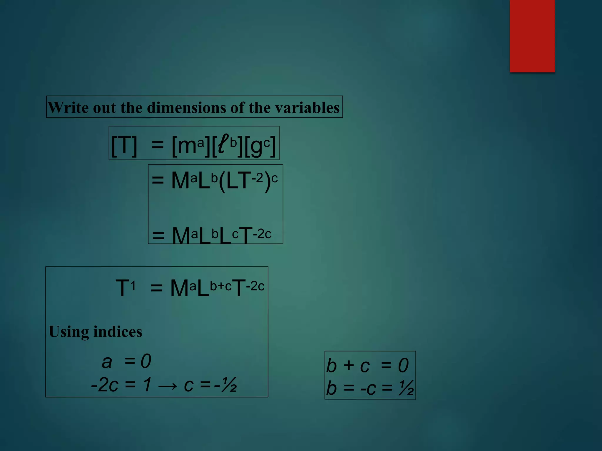 Write out the dimensions of the variables
= MaLb(LT-2)c
= MaLbLcT-2c
[T] = [ma][ℓb][gc]
T1 = MaLb+cT-2c
Using indices
a = 0
-2c = 1 → c =-½
b + c = 0
b = -c = ½
 