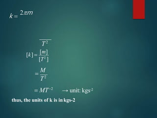 T2
k 
2m
[T2
]
[k] 
[m]

M
T2
 MT2
→ unit: kgs-2
thus, the units of k is inkgs-2
 