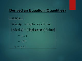 Derived an Equation (Quantities)
Example 1
Velocity = displacement / time
[velocity] = [displacement] / [time]
= L / T
= LT-1
v = s / t
 