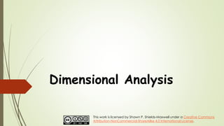 Dimensional Analysis
This work is licensed by Shawn P. Shields-Maxwell under a Creative Commons
Attribution-NonCommercial-ShareAlike 4.0 International License.
 