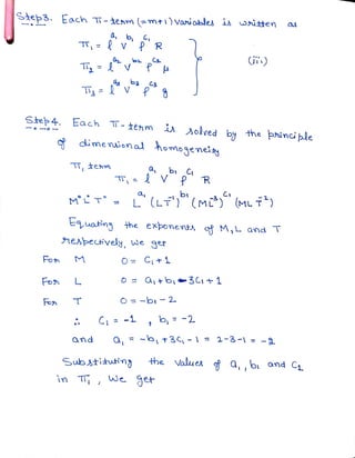Step3. Each T - team(=mt)Vaiobles is itten a
C
b
TT=V R
(ii)
Step 4. Each T- tenm
3olved by the phini ple
the princi ple
dimeuion al homo
geneity
TT, tem
TT R
C
P
C
MT LCLT) (M (ML T*)
Euating the exponentA M,L and T
nespetively, we ger
Fon M O = C1
Fon LL O a+b3Ci+1
T O-
b1-2
Fon
Ci-, b, -2
and a,-bt3C -1 2-3-1 = -a
Subatitung the Values a,,bi and C
in T, We gt
 