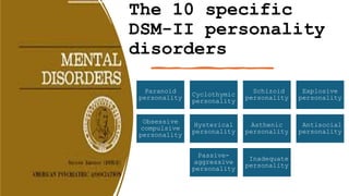 The 10 specific
DSM-II personality
disorders
Paranoid
personality
Cyclothymic
personality
Schizoid
personality
Explosive
personality
Obsessive
compulsive
personality
Hysterical
personality
Asthenic
personality
Antisocial
personality
Passive-
aggressive
personality
Inadequate
personality
 