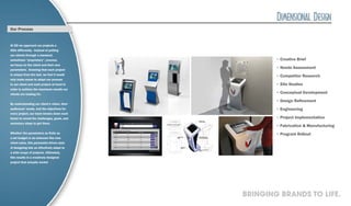 Our Process


At DD we approach our projects a
little differently. Instead of putting
our clients through a standard,
sometimes “proprietary”, process,                     ·   Creative Brief
we focus on the client and their own
parameters. Knowing that each project
                                                      ·   Needs Assessment
is unique from the last, we feel it would             ·   Competitor Research
only make sense to adapt our process
to our client and each project at hand in             ·   Site Studies
order to achieve the maximum results our
clients are looking for.                              ·   Conceptual Development

By understanding our client’s vision, their
                                                      ·   Design Refinement
audiences’ needs, and the objectives for              ·   Engineering
every project, our team breaks down each
factor to reveal the challenges, goals, and           ·   Project Implementation
necessary steps to get there.
                                                      ·   Fabrication & Manufacturing
Whether the parameters as finite as                   ·   Program Rollout
a set budget or as unknown like new
client sales, this parameter-driven style
of designing lets us effectively adapt to
a wide scope of projects. Ultimately,
this results in a creatively designed
project that actually works!




                                              BRINGING BRANDS TO LIFE.
 