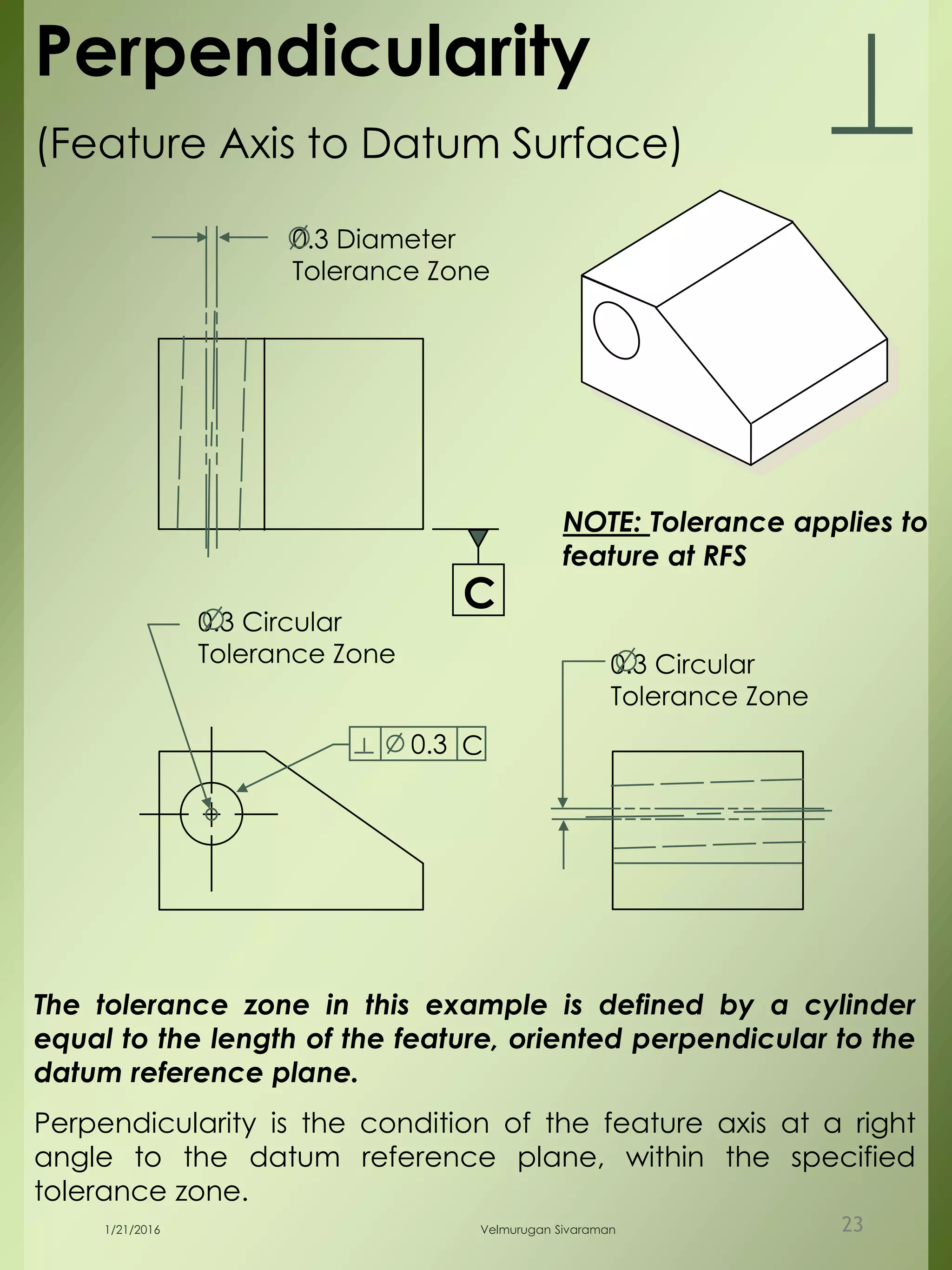 C
Perpendicularity
(Feature Axis to Datum Surface)
0.3 C
0.3 Circular
Tolerance Zone
0.3 Diameter
Tolerance Zone
0.3 Circular
Tolerance Zone
NOTE: Tolerance applies to
feature at RFS
The tolerance zone in this example is defined by a cylinder
equal to the length of the feature, oriented perpendicular to the
datum reference plane.
Perpendicularity is the condition of the feature axis at a right
angle to the datum reference plane, within the specified
tolerance zone.
1/21/2016 Velmurugan Sivaraman 23
 