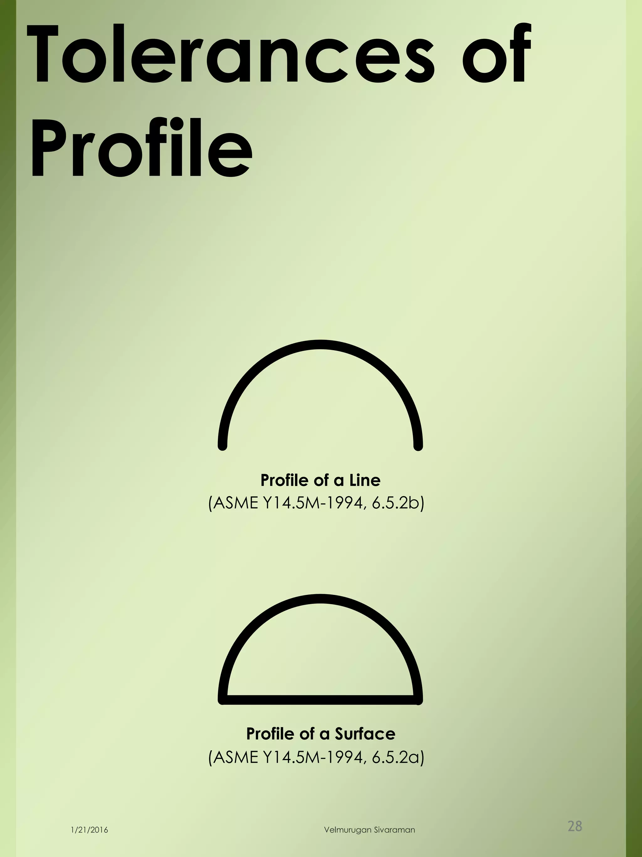 Tolerances of
Profile
Profile of a Line
Profile of a Surface
(ASME Y14.5M-1994, 6.5.2b)
(ASME Y14.5M-1994, 6.5.2a)
1/21/2016 Velmurugan Sivaraman 28
 