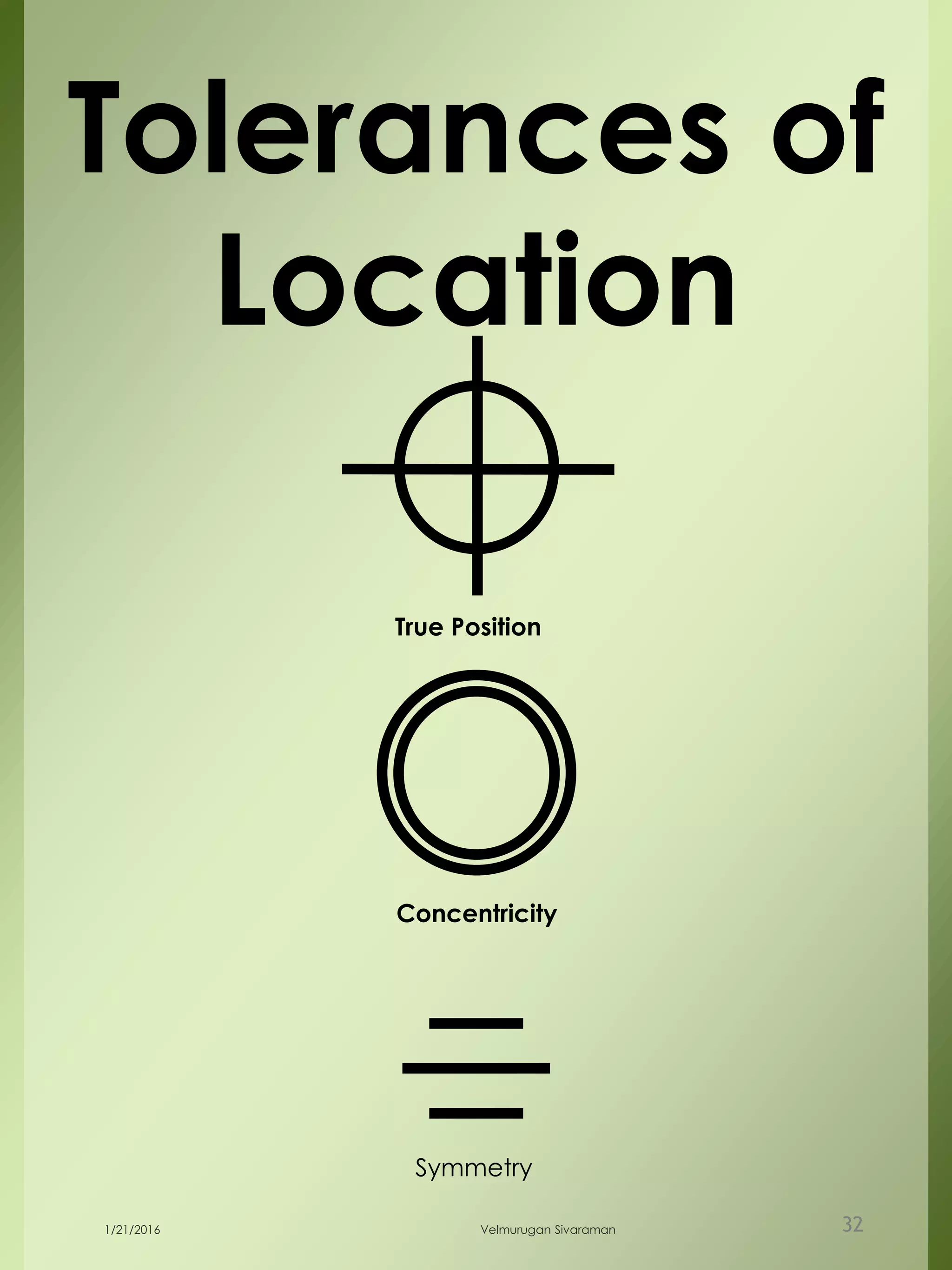 Tolerances of
Location
True Position
Concentricity
Symmetry
1/21/2016 Velmurugan Sivaraman 32
 