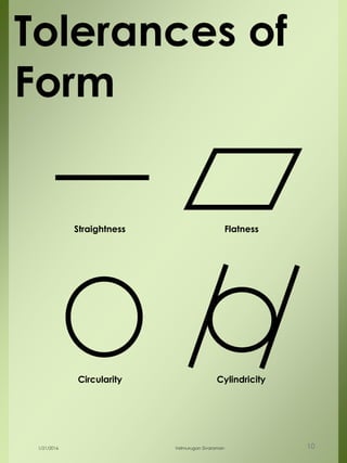 Tolerances of
Form
Straightness Flatness
Circularity Cylindricity
1/21/2016 Velmurugan Sivaraman 10
 