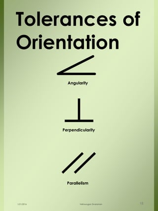 Tolerances of
Orientation
Angularity
Perpendicularity
Parallelism
1/21/2016 Velmurugan Sivaraman 18
 