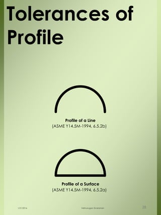 Tolerances of
Profile
Profile of a Line
Profile of a Surface
(ASME Y14.5M-1994, 6.5.2b)
(ASME Y14.5M-1994, 6.5.2a)
1/21/2016 Velmurugan Sivaraman 28
 