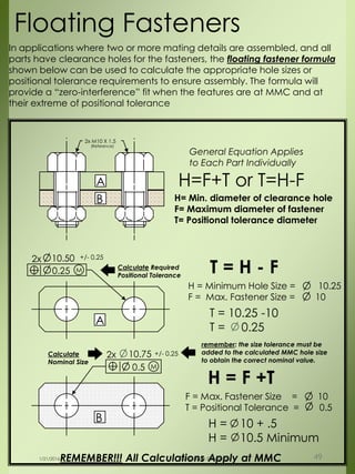 2x M10 X 1.5
(Reference)
B
A
0.25
2x 10.50 +/- 0.25
M
0.5
2x 10.75 +/- 0.25
M
A
B
Floating Fasteners
REMEMBER!!! All Calculations Apply at MMC
H= Min. diameter of clearance hole
F= Maximum diameter of fastener
T= Positional tolerance diameter
H=F+T or T=H-F
General Equation Applies
to Each Part Individually
T = H - F
H = Minimum Hole Size = 10.25
F = Max. Fastener Size = 10
T = 10.25 -10
T = 0.25
Calculate Required
Positional Tolerance
F = Max. Fastener Size = 10
T = Positional Tolerance = 0.5
H = 10 + .5
H = 10.5 Minimum
H = F +T
In applications where two or more mating details are assembled, and all
parts have clearance holes for the fasteners, the floating fastener formula
shown below can be used to calculate the appropriate hole sizes or
positional tolerance requirements to ensure assembly. The formula will
provide a “zero-interference” fit when the features are at MMC and at
their extreme of positional tolerance
remember: the size tolerance must be
added to the calculated MMC hole size
to obtain the correct nominal value.
Calculate
Nominal Size
1/21/2016 Velmurugan Sivaraman 49
 
